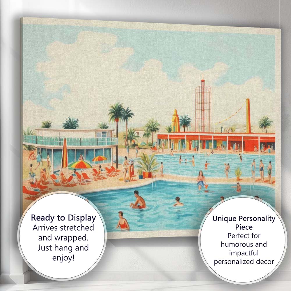 Retro Palm Springs Resort Swimming Pool Holiday Illustration Canvas Wall Art Print Decor Picture Ready to Hang