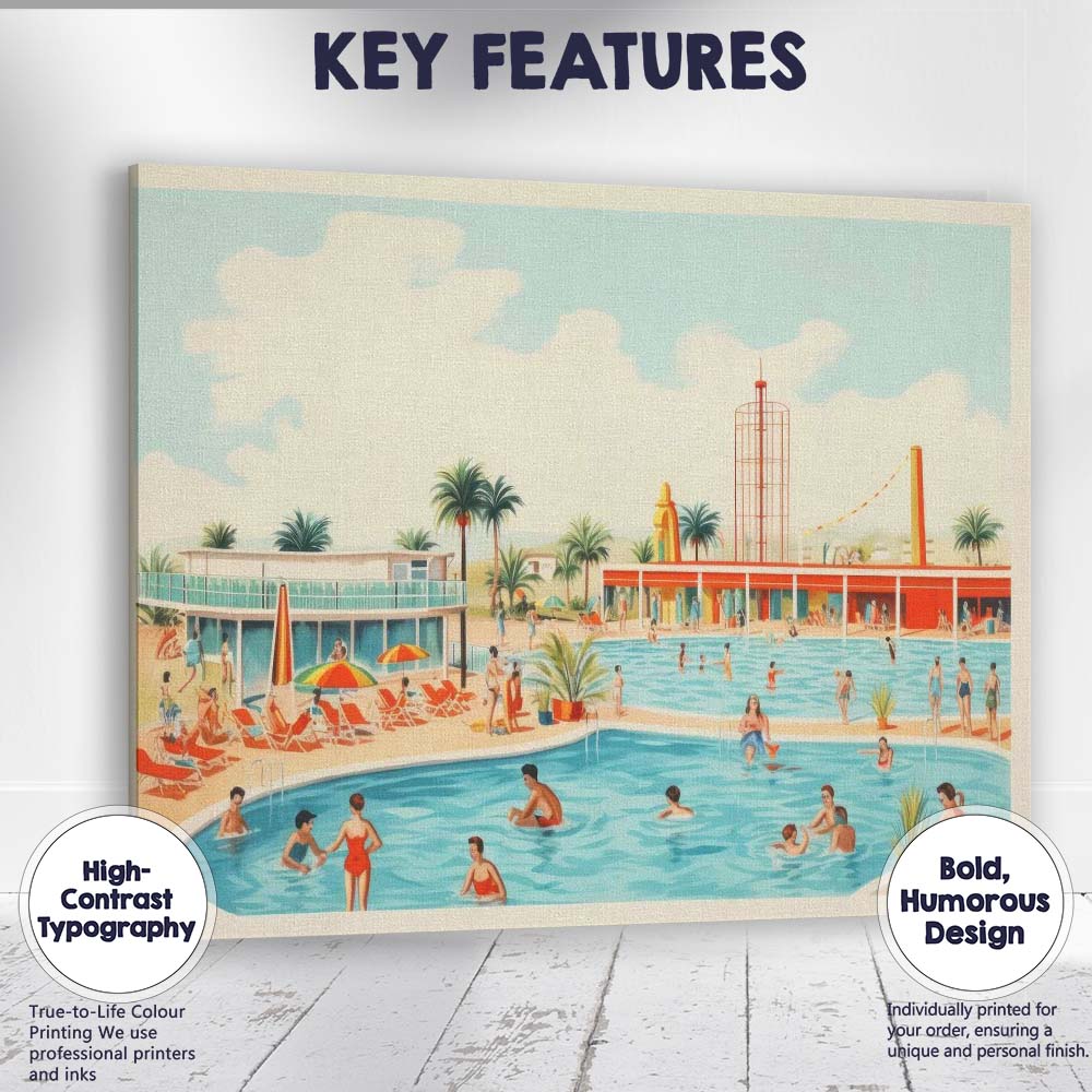 Retro Palm Springs Resort Swimming Pool Holiday Illustration Canvas Wall Art Print Decor Picture Ready to Hang