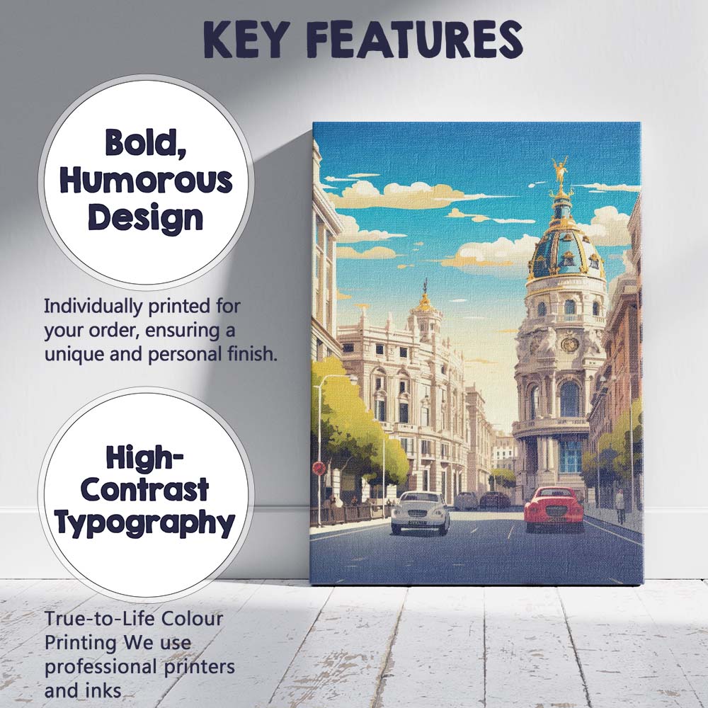 Classic Madrid Metropolis Building Street Cityscape Illustration Canvas Wall Art Print Decor Picture Ready to Hang