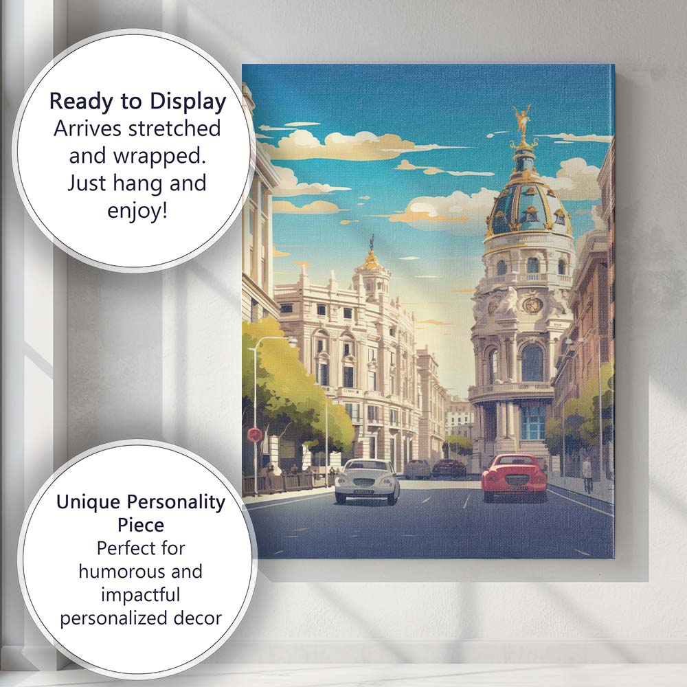 Classic Madrid Metropolis Building Street Cityscape Illustration Canvas Wall Art Print Decor Picture Ready to Hang