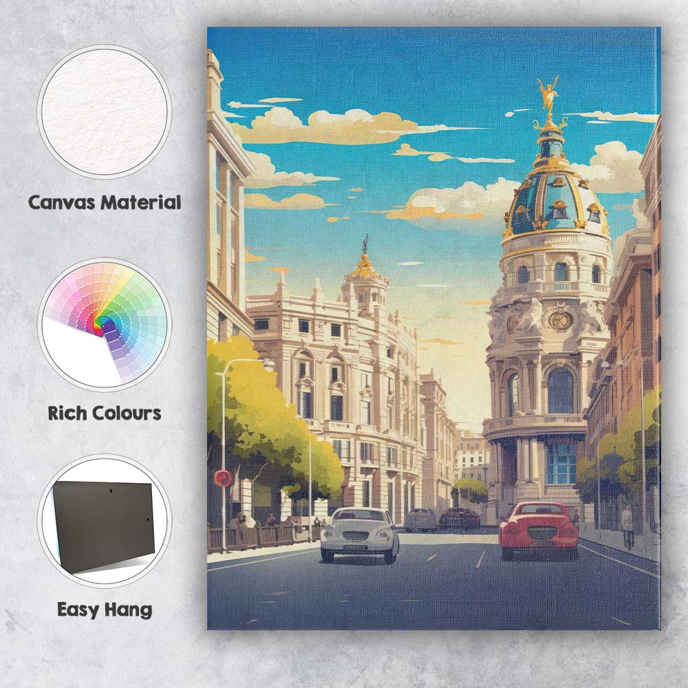 Classic Madrid Metropolis Building Street Cityscape Illustration Canvas Wall Art Print Decor Picture Ready to Hang