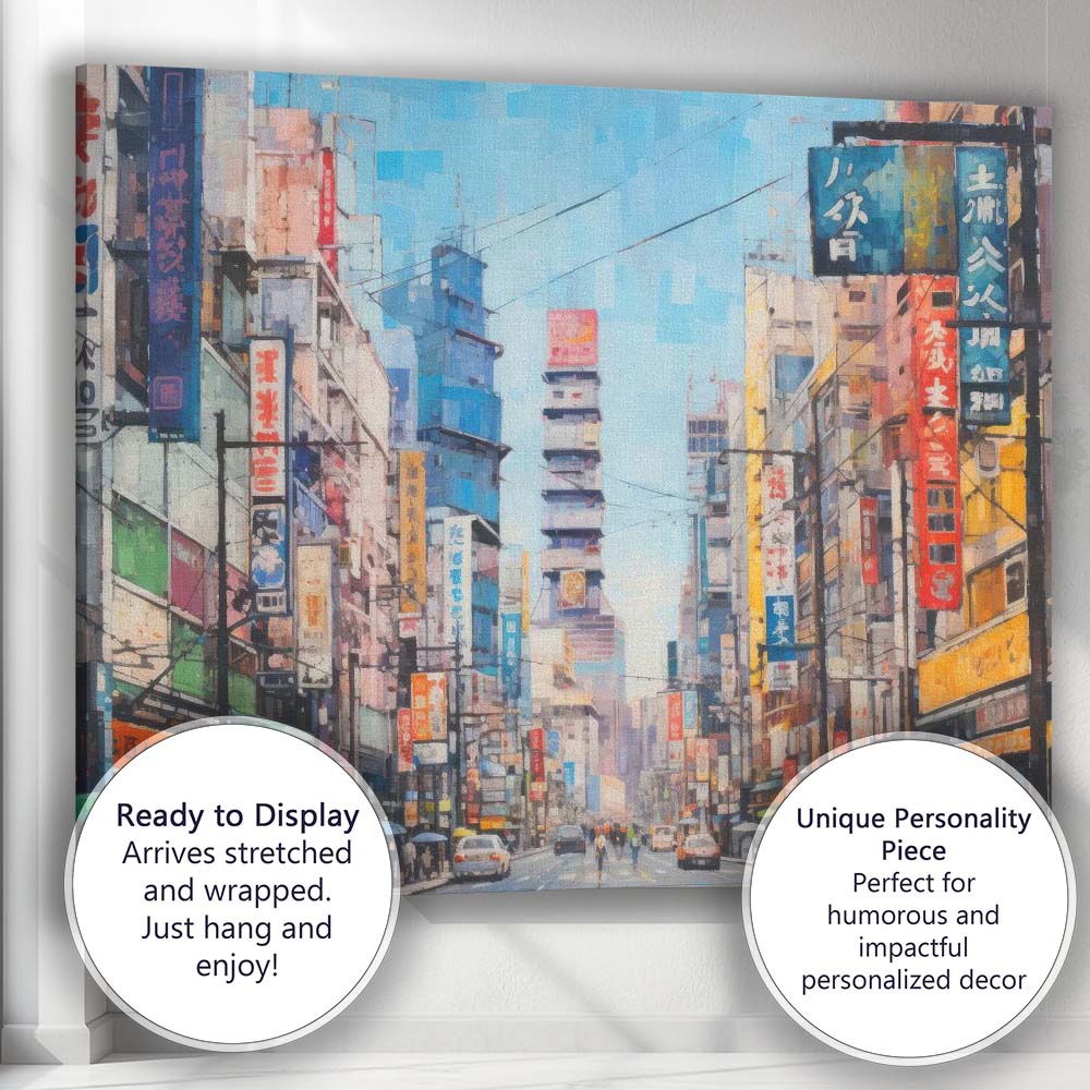 Vibrant Japanese City Street Neon Sign Urban Illustration Canvas Wall Art Print Decor Picture Ready to Hang