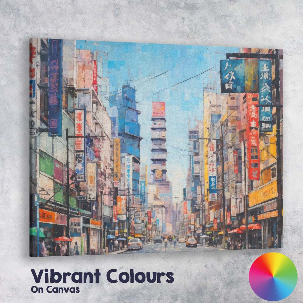 Vibrant Japanese City Street Neon Sign Urban Illustration Canvas Wall Art Print Decor Picture Ready to Hang