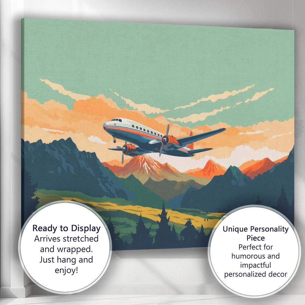 Retro Propeller Aeroplane Mountain Landscape Scenic Aviation Canvas Wall Art Print Decor Picture Ready to Hang