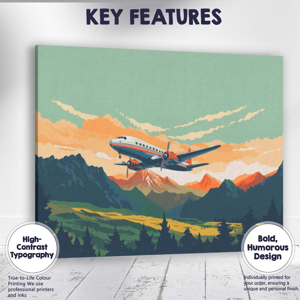 Retro Propeller Aeroplane Mountain Landscape Scenic Aviation Canvas Wall Art Print Decor Picture Ready to Hang