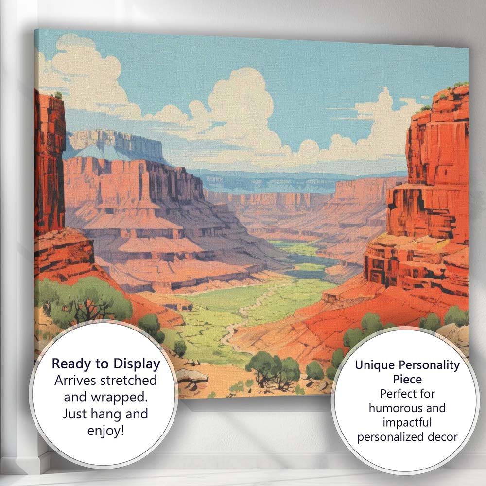 Stylised Red Rock Canyon Desert Landscape Scenic Illustration Canvas Wall Art Print Decor Picture Ready to Hang