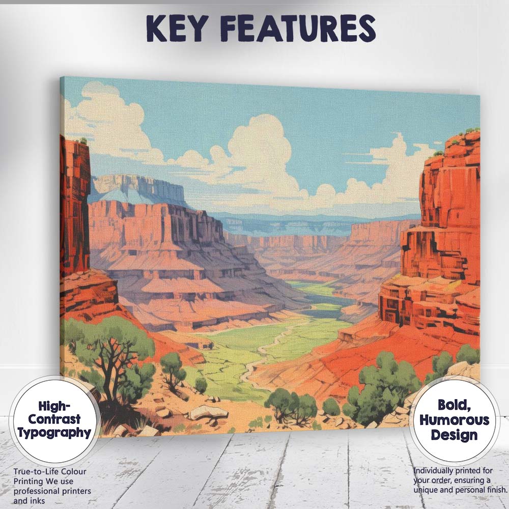 Stylised Red Rock Canyon Desert Landscape Scenic Illustration Canvas Wall Art Print Decor Picture Ready to Hang
