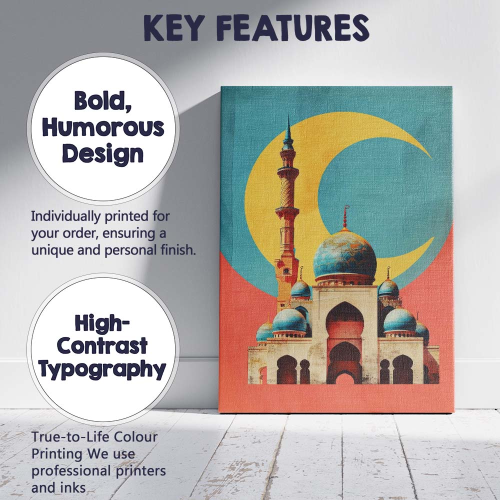 Islamic Mosque Blue Domes Golden Crescent Moon Architectural Canvas Wall Art Print Decor Picture Ready to Hang