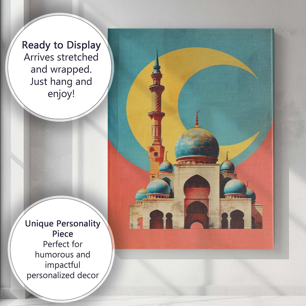 Islamic Mosque Blue Domes Golden Crescent Moon Architectural Canvas Wall Art Print Decor Picture Ready to Hang