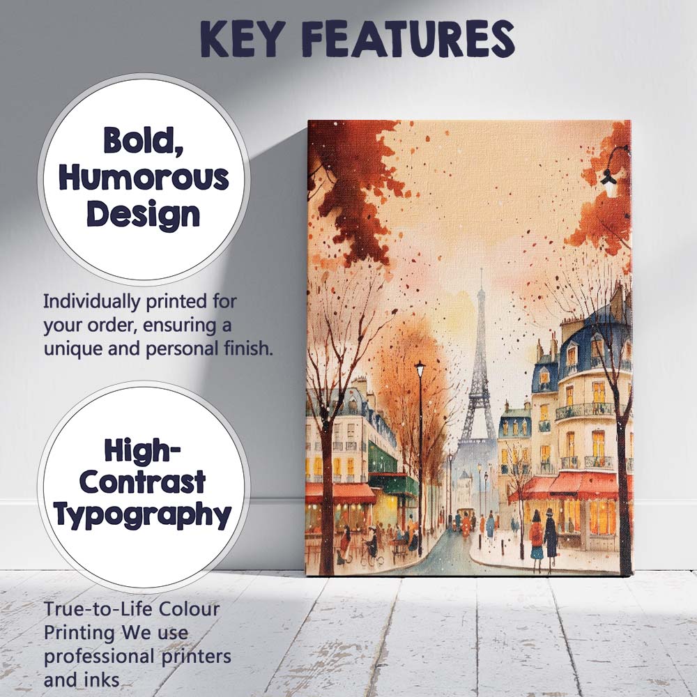 Romantic Paris Eiffel Tower Autumn Watercolour City Street Canvas Wall Art Print Decor Picture Ready to Hang