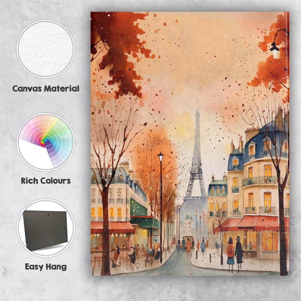 Romantic Paris Eiffel Tower Autumn Watercolour City Street Canvas Wall Art Print Decor Picture Ready to Hang