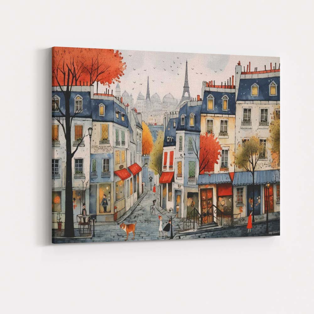 Charming Parisian Street Autumn Eiffel Tower Cityscape Illustration Canvas Wall Art Print Decor Picture Ready to Hang