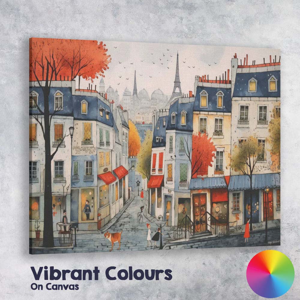 Charming Parisian Street Autumn Eiffel Tower Cityscape Illustration Canvas Wall Art Print Decor Picture Ready to Hang