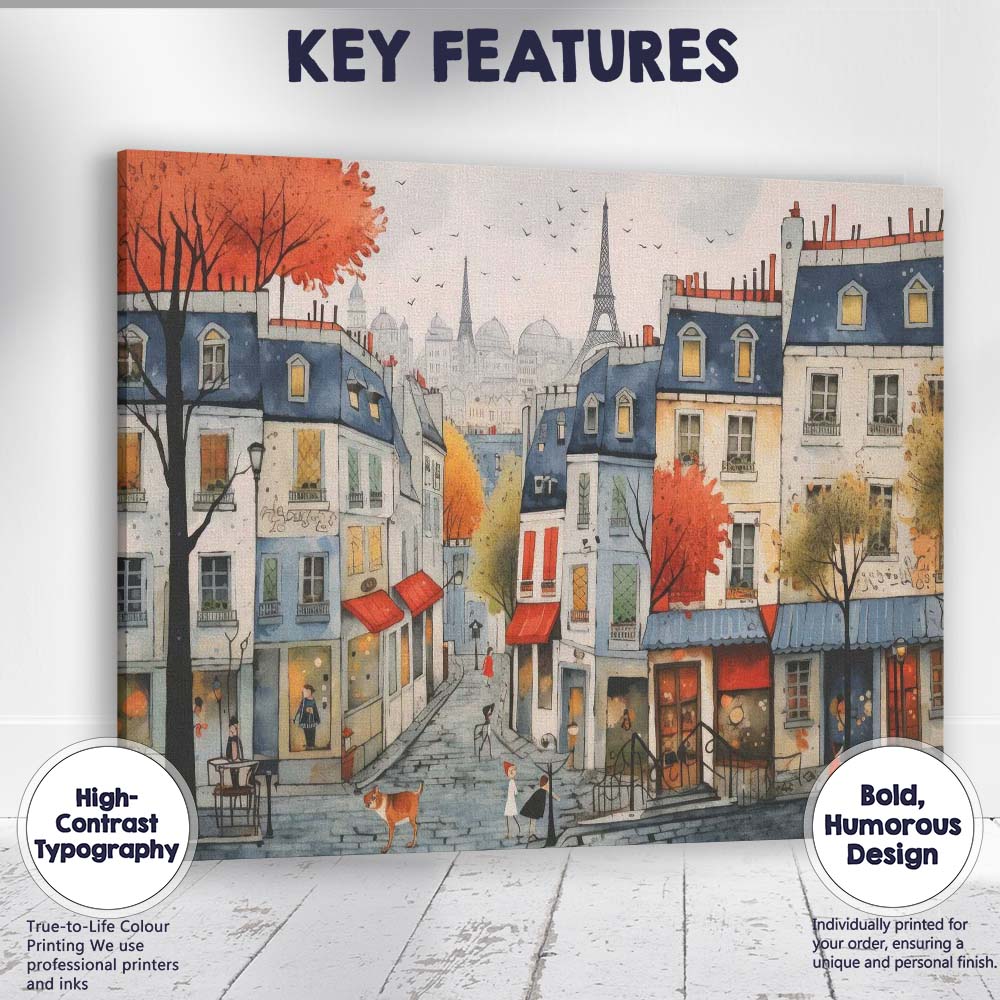Charming Parisian Street Autumn Eiffel Tower Cityscape Illustration Canvas Wall Art Print Decor Picture Ready to Hang
