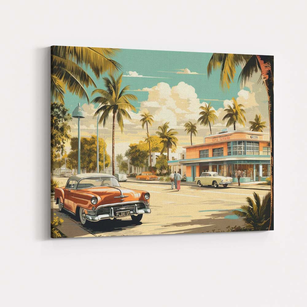 Retro Miami Beach Palm Trees Classic American Car Travel Poster Canvas Wall Art Print Decor Picture Ready to Hang