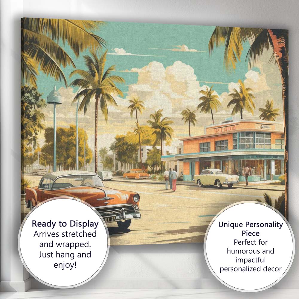 Retro Miami Beach Palm Trees Classic American Car Travel Poster Canvas Wall Art Print Decor Picture Ready to Hang