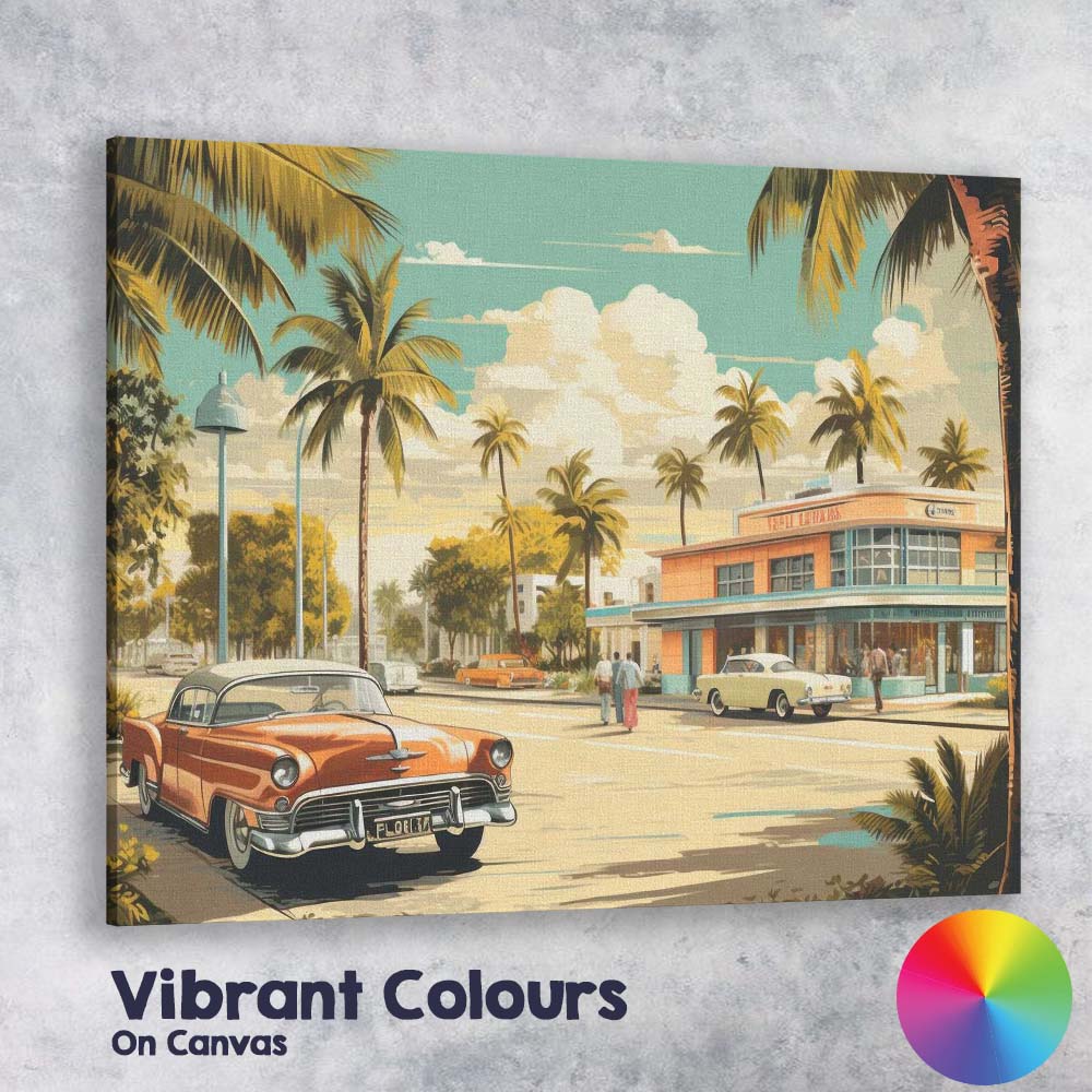 Retro Miami Beach Palm Trees Classic American Car Travel Poster Canvas Wall Art Print Decor Picture Ready to Hang