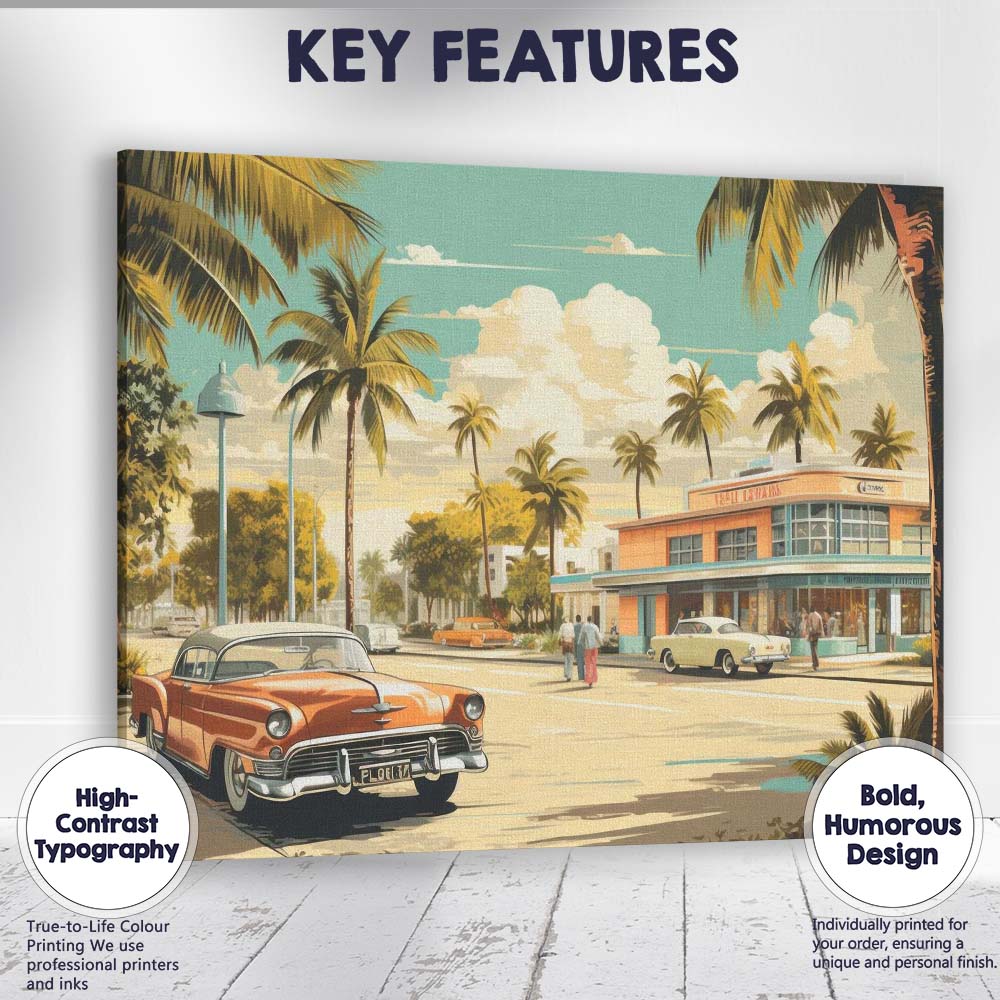 Retro Miami Beach Palm Trees Classic American Car Travel Poster Canvas Wall Art Print Decor Picture Ready to Hang