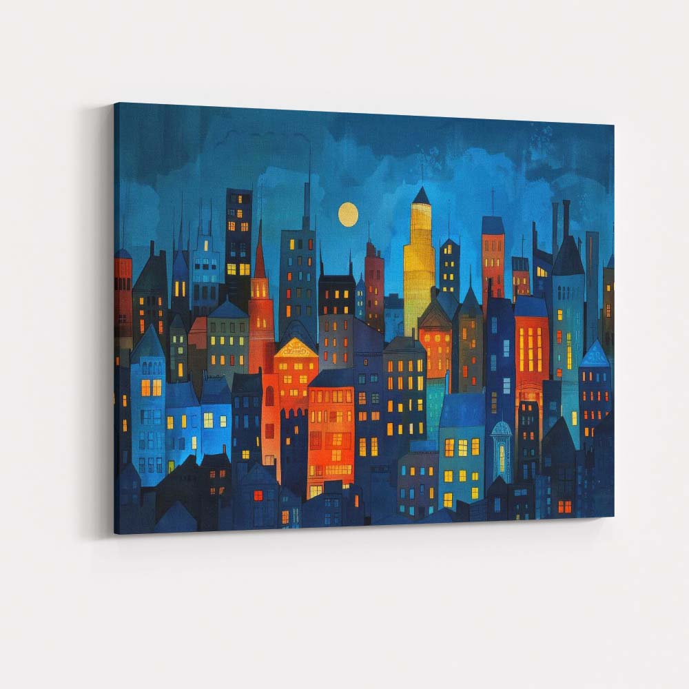 Modern Night City Skyline Colourful Urban Buildings Illustration Canvas Wall Art Print Decor Picture Ready to Hang