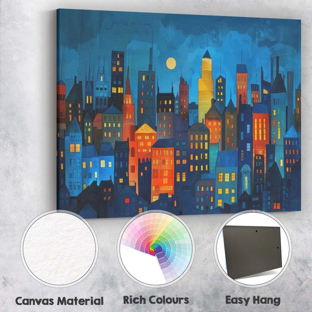 Modern Night City Skyline Colourful Urban Buildings Illustration Canvas Wall Art Print Decor Picture Ready to Hang