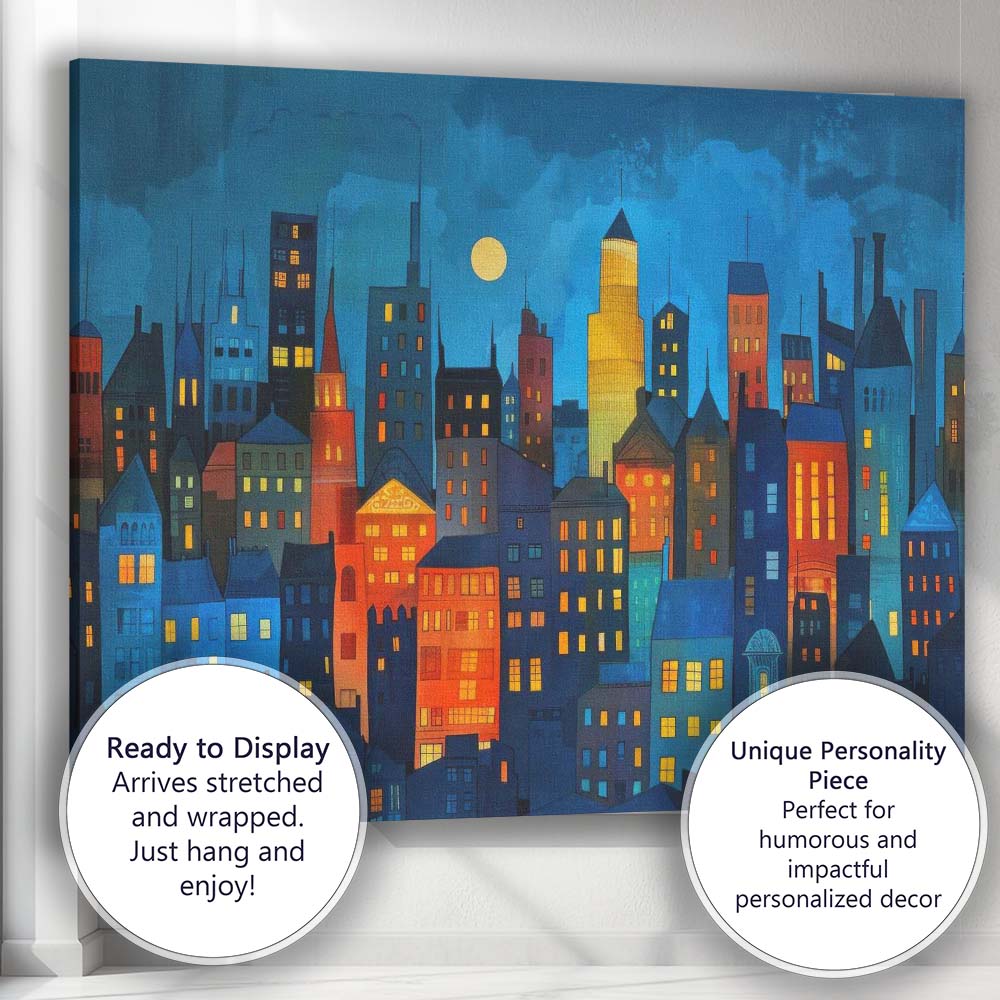Modern Night City Skyline Colourful Urban Buildings Illustration Canvas Wall Art Print Decor Picture Ready to Hang