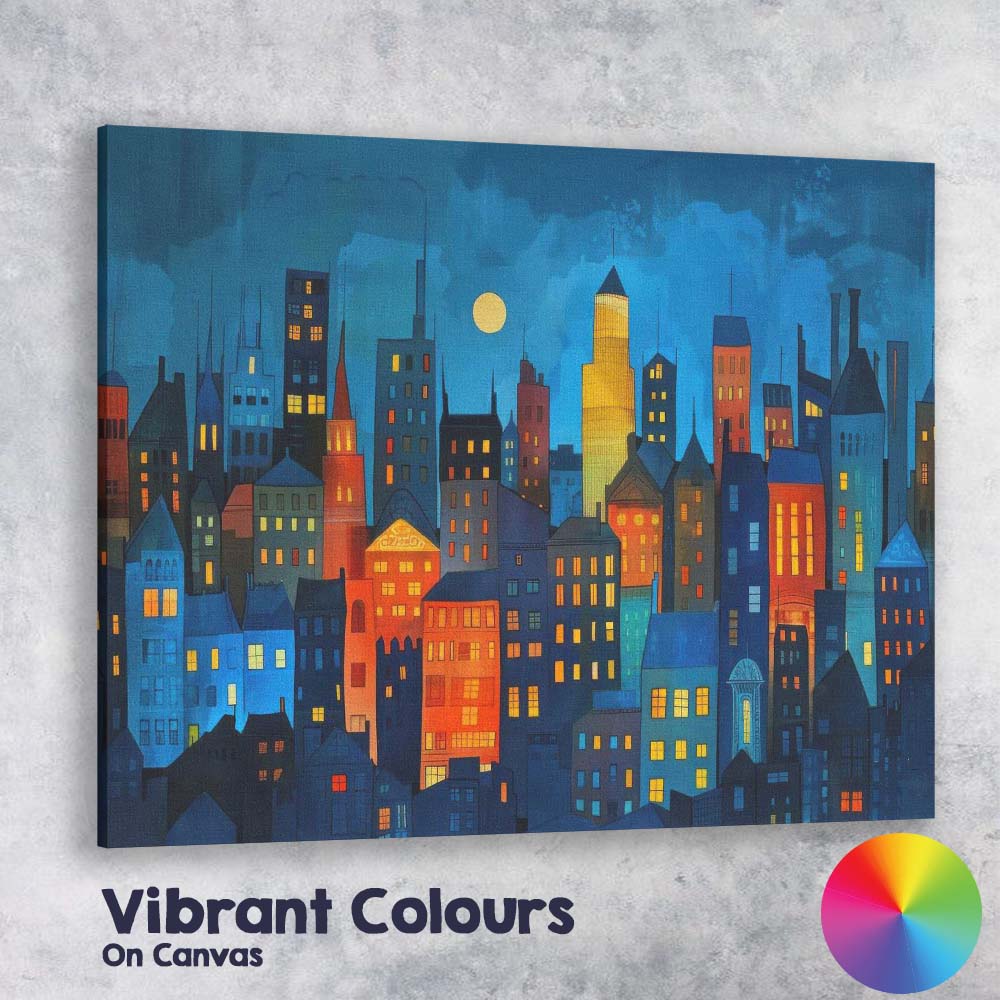 Modern Night City Skyline Colourful Urban Buildings Illustration Canvas Wall Art Print Decor Picture Ready to Hang