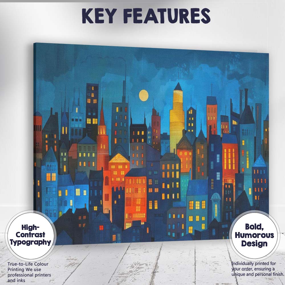 Modern Night City Skyline Colourful Urban Buildings Illustration Canvas Wall Art Print Decor Picture Ready to Hang