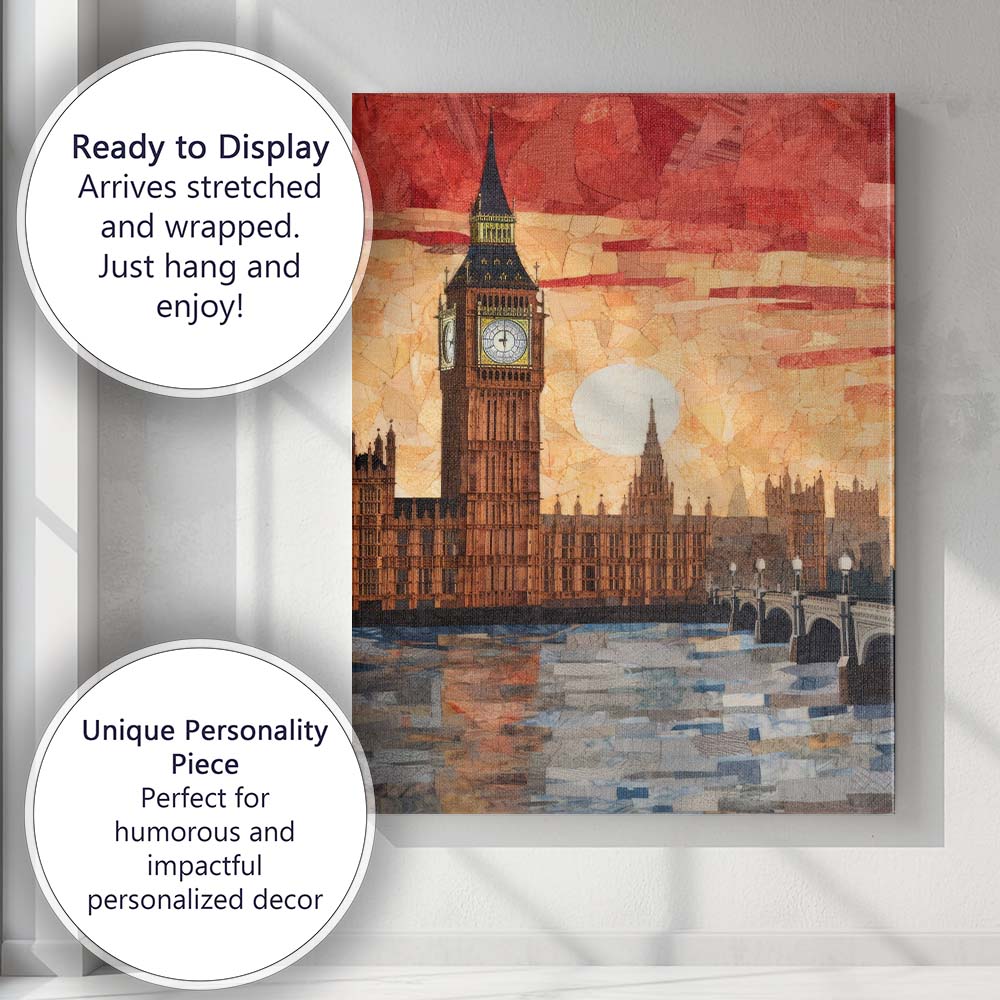 Abstract London Big Ben Westminster Sunset Collage Canvas Wall Art Print Decor Picture Ready to Hang