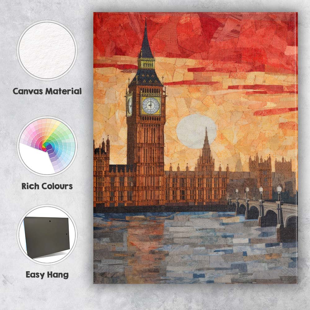Abstract London Big Ben Westminster Sunset Collage Canvas Wall Art Print Decor Picture Ready to Hang