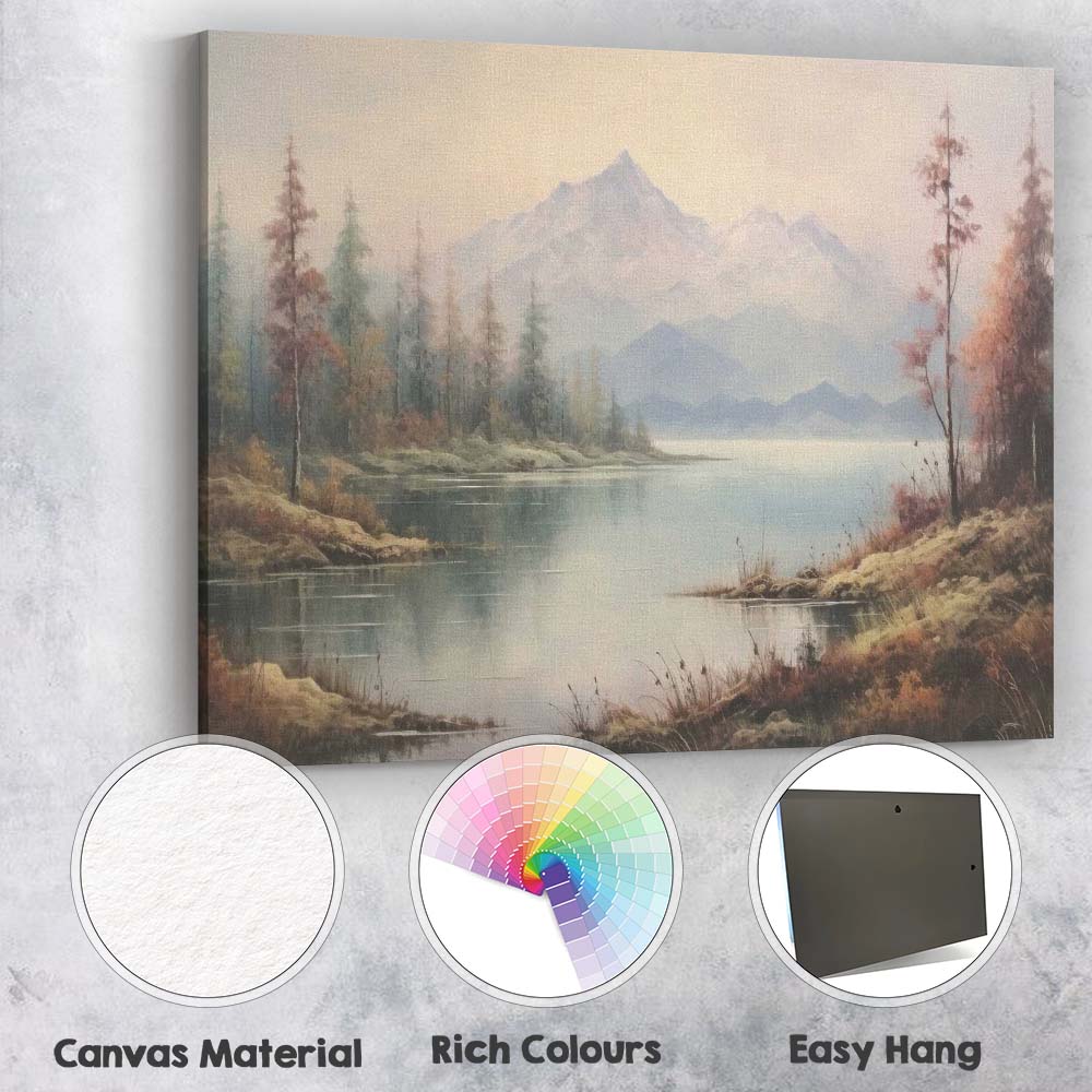 Serene Mountain Lake Soft Mist Landscape Painting Canvas Wall Art Print Decor Picture Ready to Hang