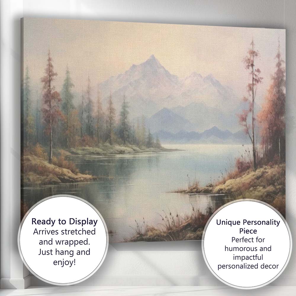 Serene Mountain Lake Soft Mist Landscape Painting Canvas Wall Art Print Decor Picture Ready to Hang
