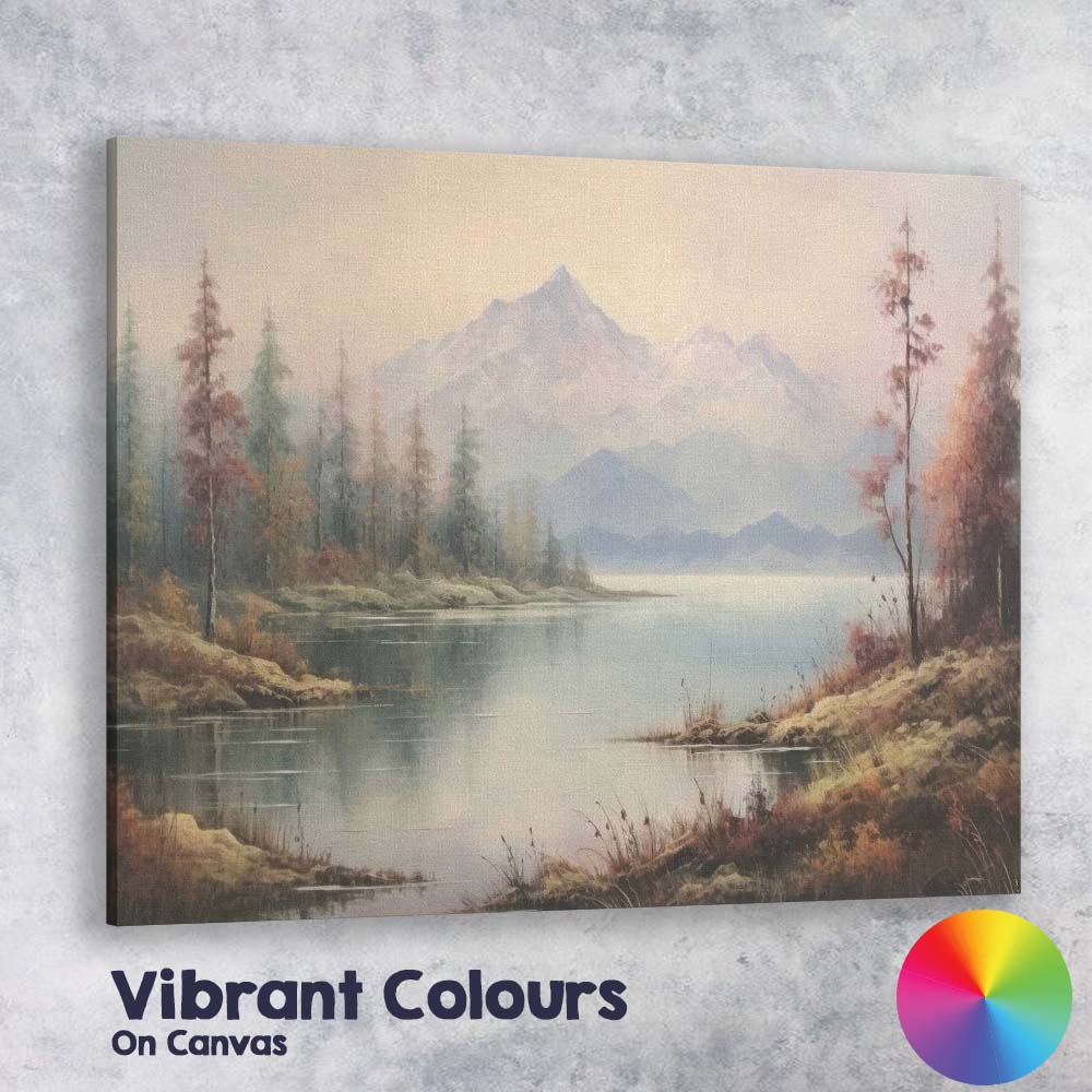 Serene Mountain Lake Soft Mist Landscape Painting Canvas Wall Art Print Decor Picture Ready to Hang