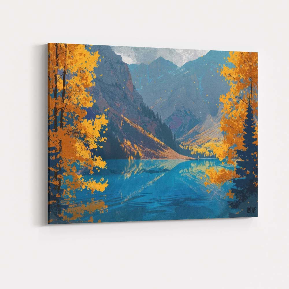 Golden Autumn Mountain Lake Scenic Landscape Illustration Canvas Wall Art Print Decor Picture Ready to Hang