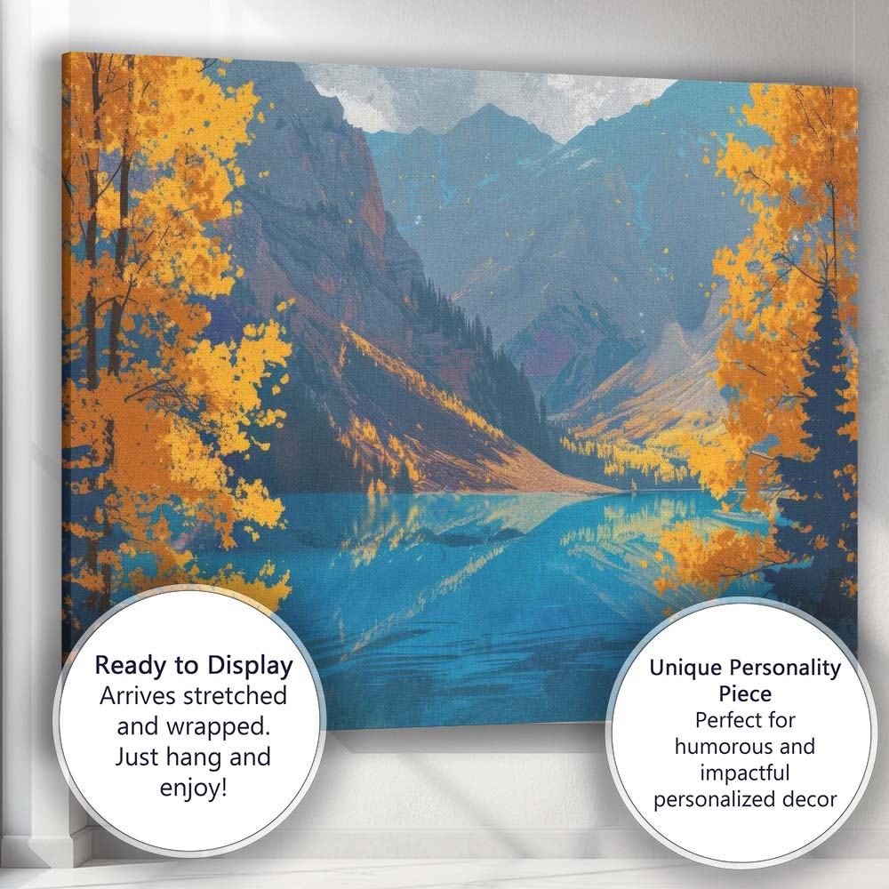 Golden Autumn Mountain Lake Scenic Landscape Illustration Canvas Wall Art Print Decor Picture Ready to Hang