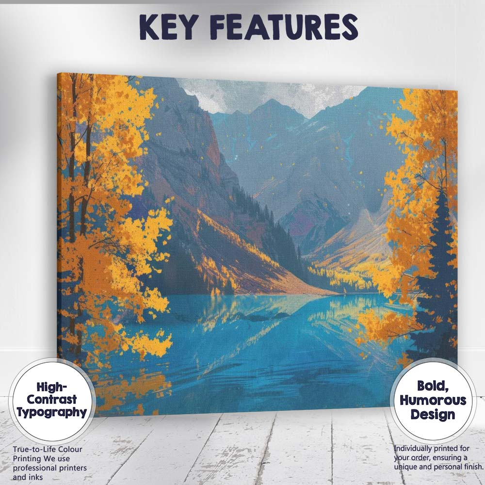 Golden Autumn Mountain Lake Scenic Landscape Illustration Canvas Wall Art Print Decor Picture Ready to Hang