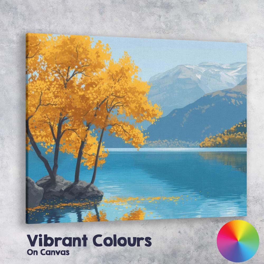 Golden Autumn Lakeside Tree Mountain Panorama Canvas Wall Art Print Decor Picture Ready to Hang