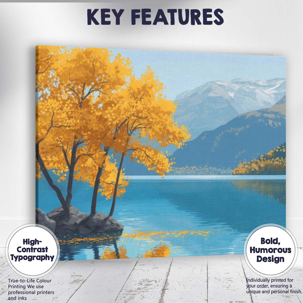 Golden Autumn Lakeside Tree Mountain Panorama Canvas Wall Art Print Decor Picture Ready to Hang