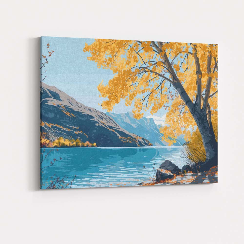 Autumn Lakeside Tree Snow Mountain Scenic Landscape Canvas Wall Art Print Decor Picture Ready to Hang