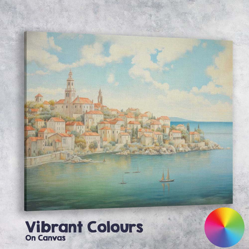 Mediterranean Coastal Village Seaside Harbour Painting Canvas Wall Art Print Decor Picture Ready to Hang