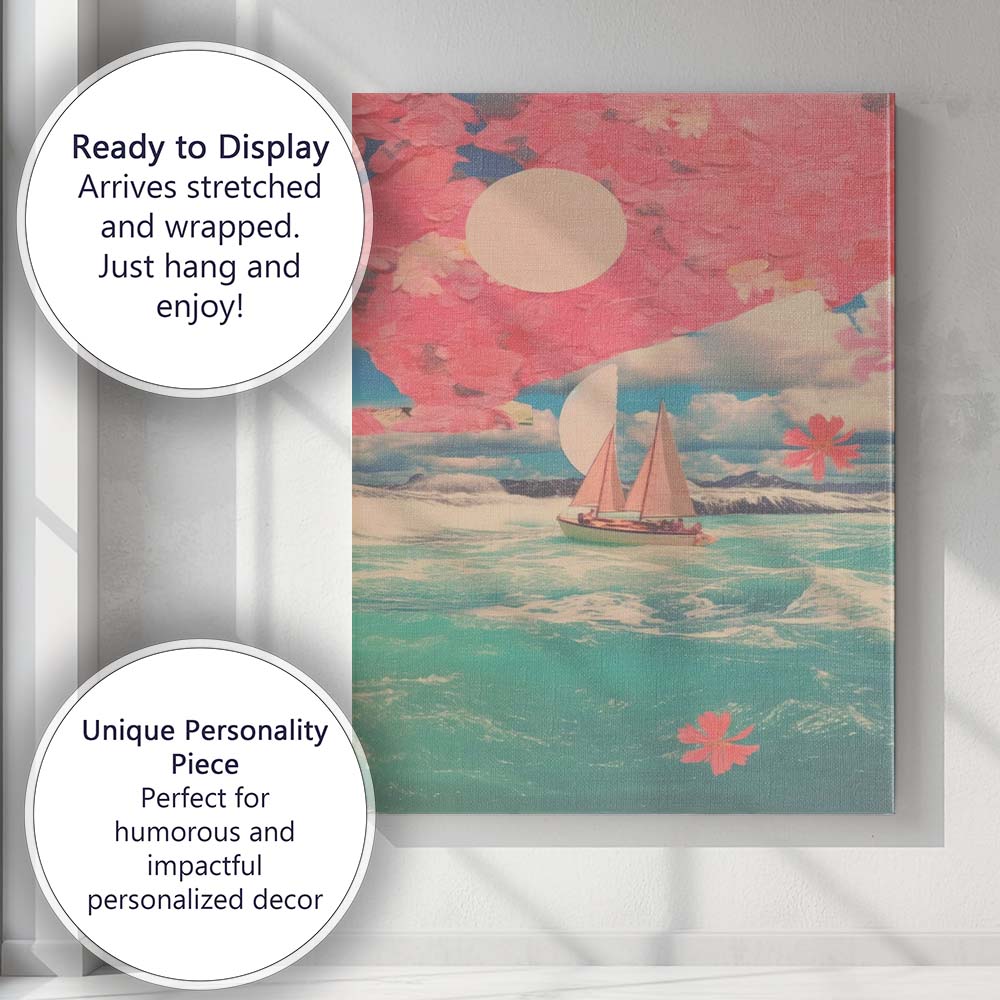 Dreamy Pink Floral Sailboat Ocean Collage Canvas Wall Art Print Decor Picture Ready to Hang