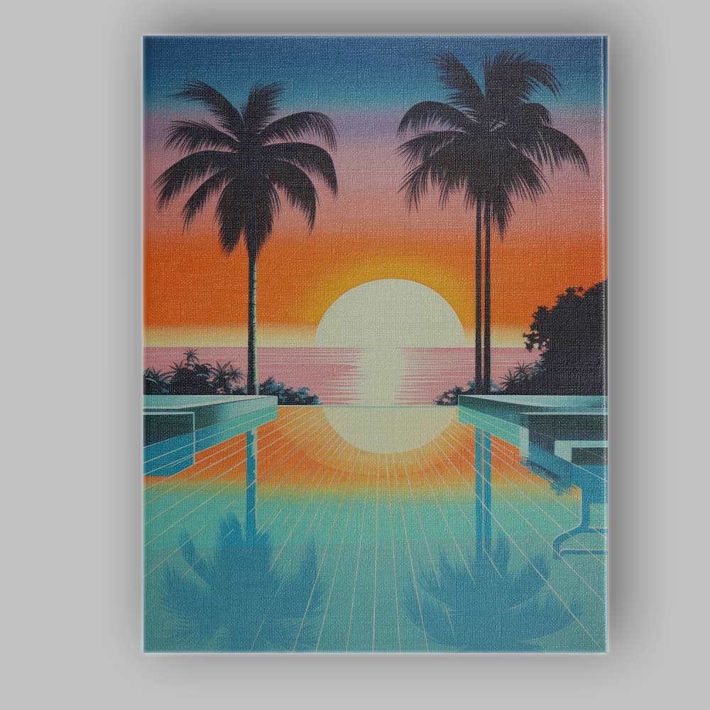 Retro Synthwave Tropical Palm Tree Sunset Reflection Canvas Wall Art Print Decor Picture Ready to Hang
