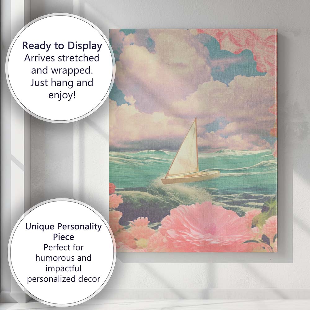 Dreamy Pastel Sailing Boat Ocean Floral Collage Canvas Wall Art Print Decor Picture Ready to Hang