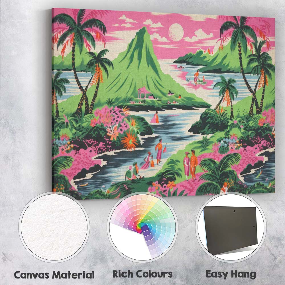 Tropical Pink Lagoon Palm Trees Island Paradise Landscape Canvas Wall Art Print Decor Picture Ready to Hang