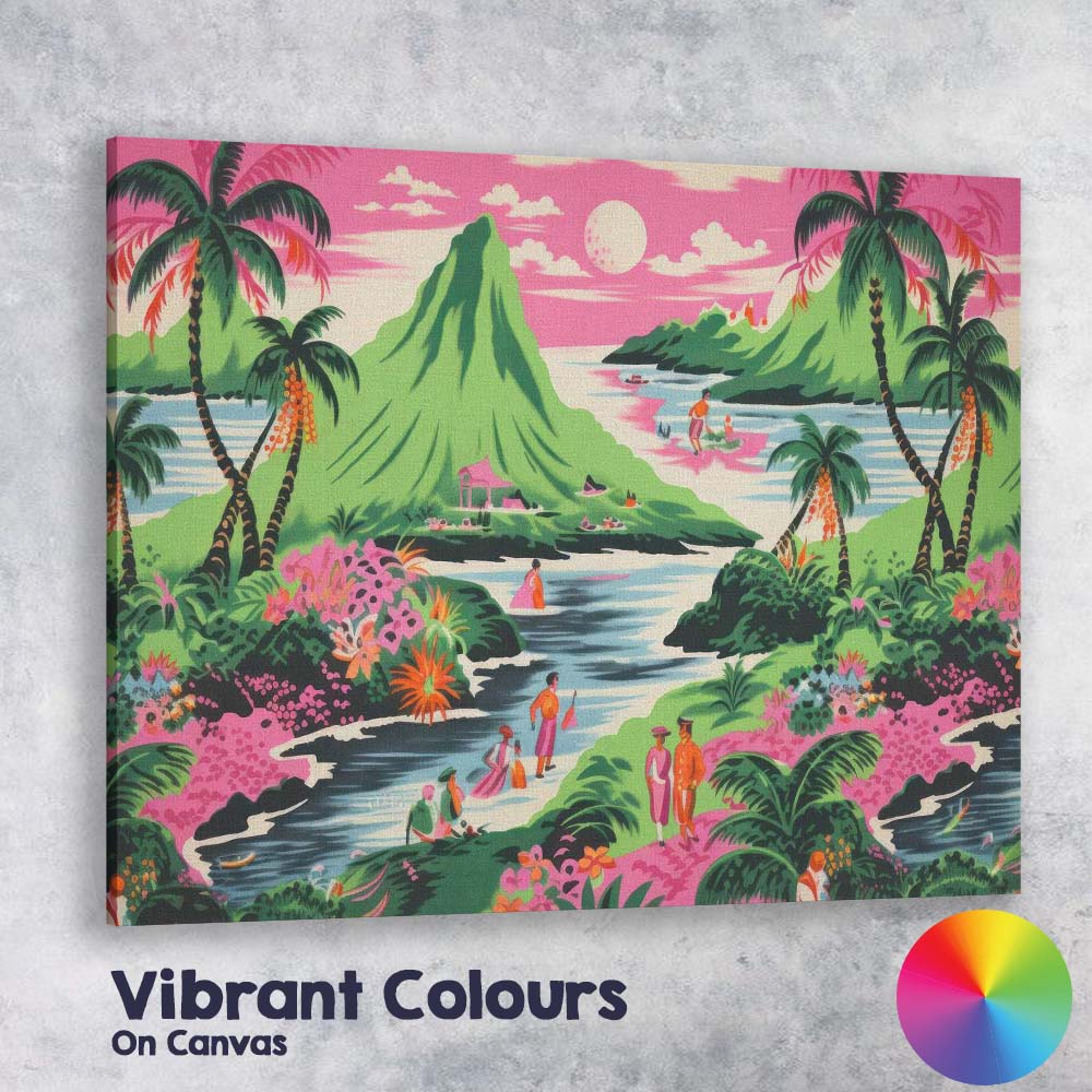 Tropical Pink Lagoon Palm Trees Island Paradise Landscape Canvas Wall Art Print Decor Picture Ready to Hang