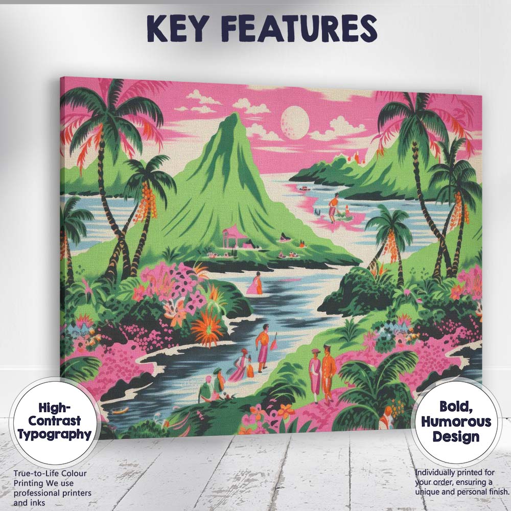 Tropical Pink Lagoon Palm Trees Island Paradise Landscape Canvas Wall Art Print Decor Picture Ready to Hang