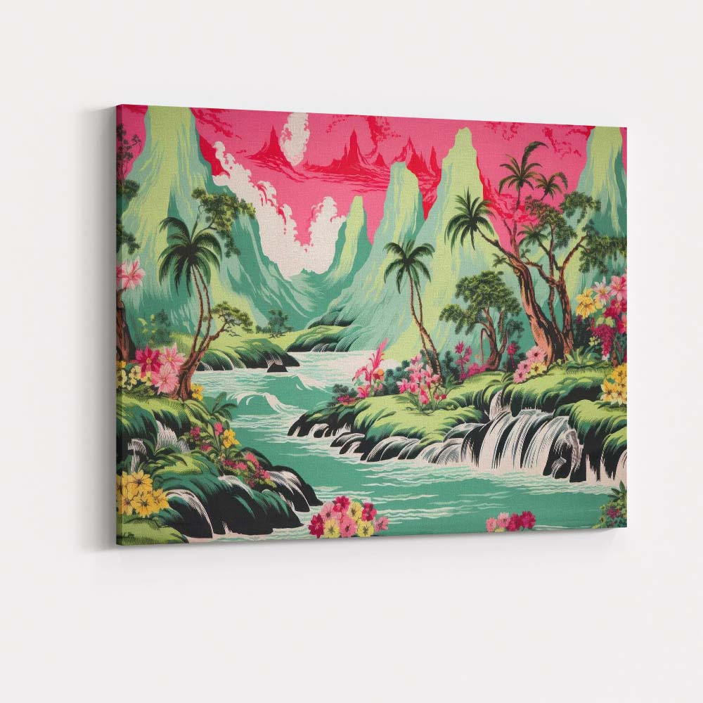 Tropical Waterfall Emerald Mountains Pink Sky Landscape Canvas Wall Art Print Decor Picture Ready to Hang