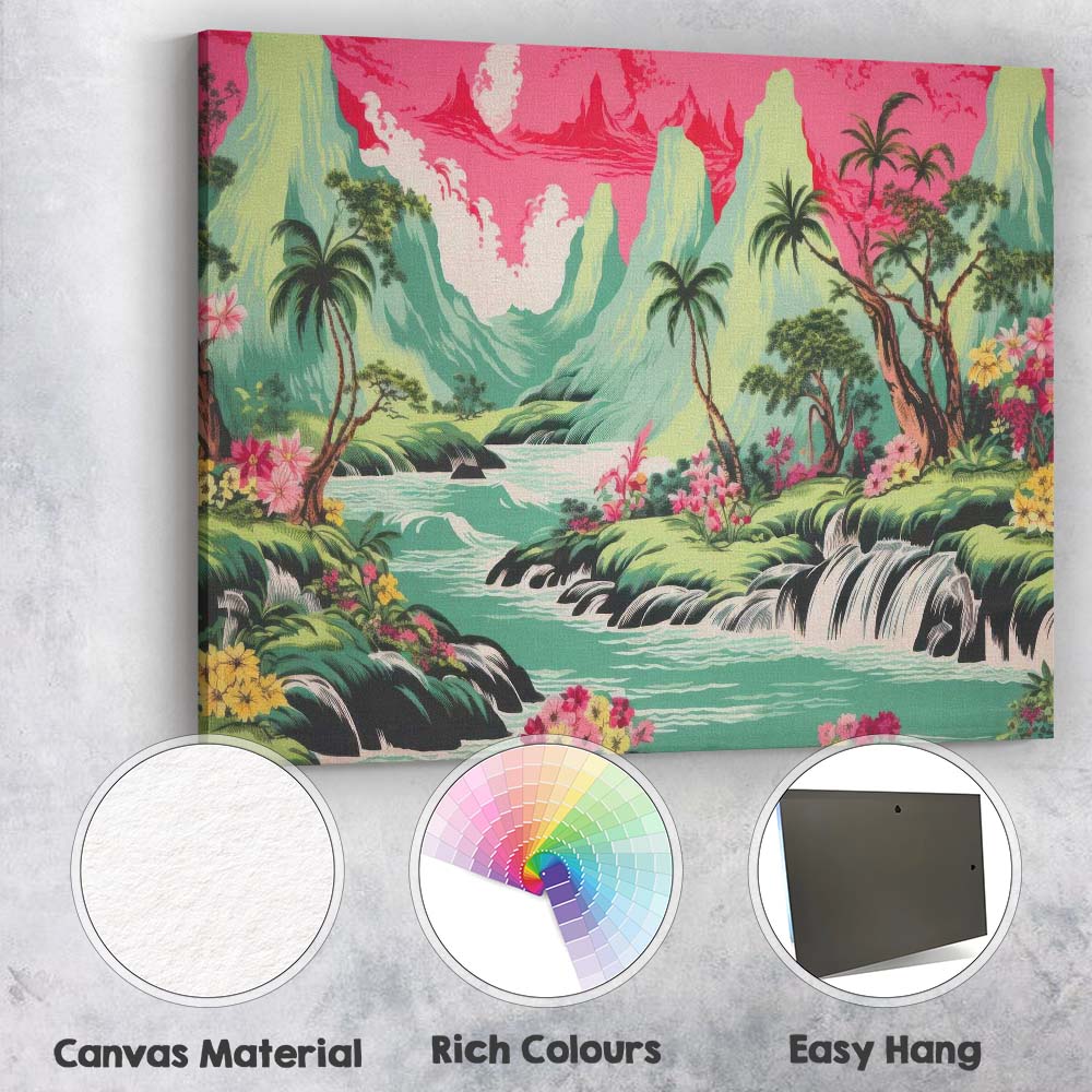 Tropical Waterfall Emerald Mountains Pink Sky Landscape Canvas Wall Art Print Decor Picture Ready to Hang