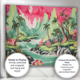 Tropical Waterfall Emerald Mountains Pink Sky Landscape Canvas Wall Art Print Decor Picture Ready to Hang