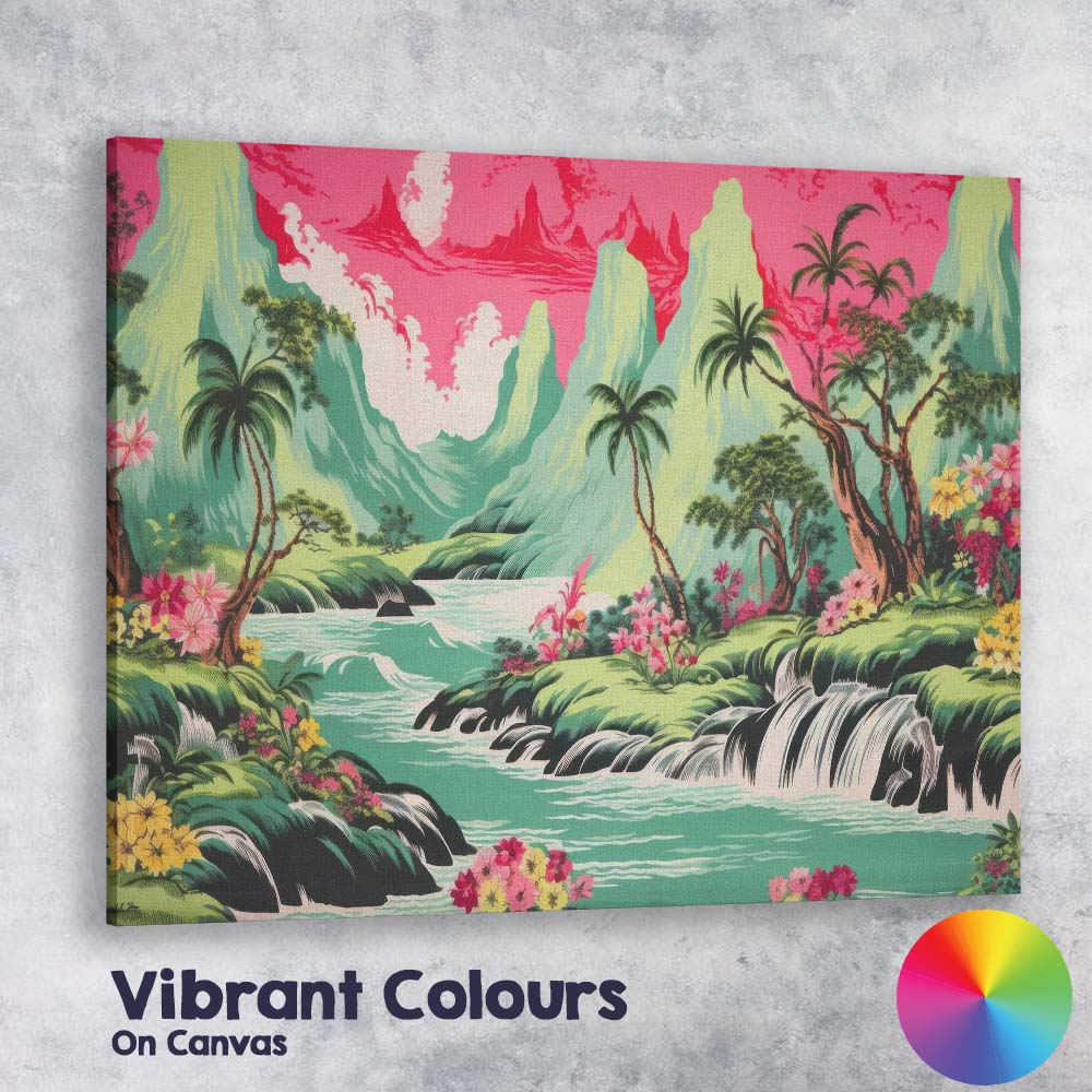Tropical Waterfall Emerald Mountains Pink Sky Landscape Canvas Wall Art Print Decor Picture Ready to Hang