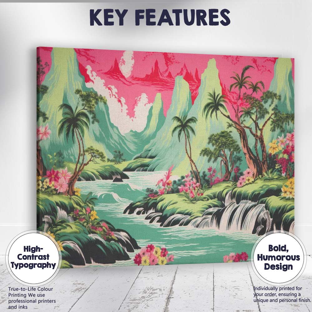 Tropical Waterfall Emerald Mountains Pink Sky Landscape Canvas Wall Art Print Decor Picture Ready to Hang